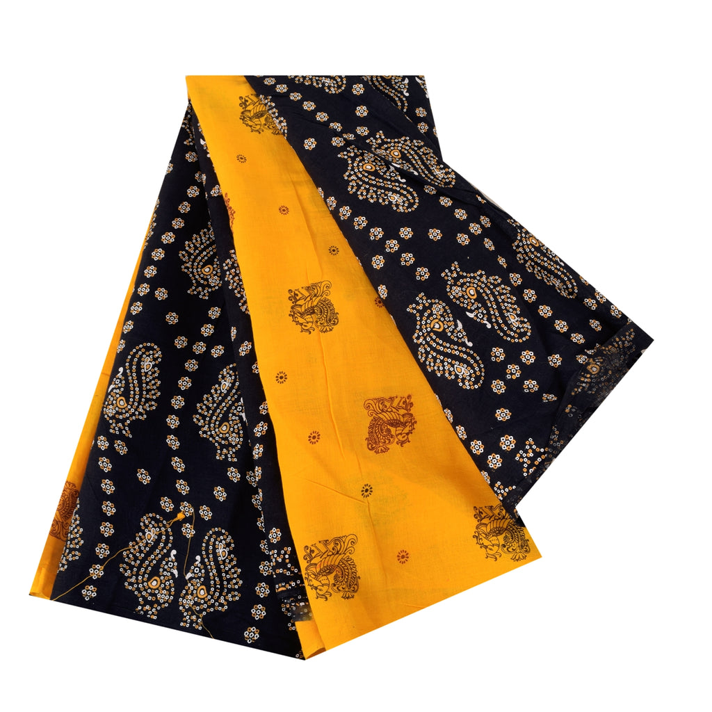Sanskriti Vintage Sarees Yellow Hand Block Printed Pure Cotton Sari 6+yd Sustainable Fabric