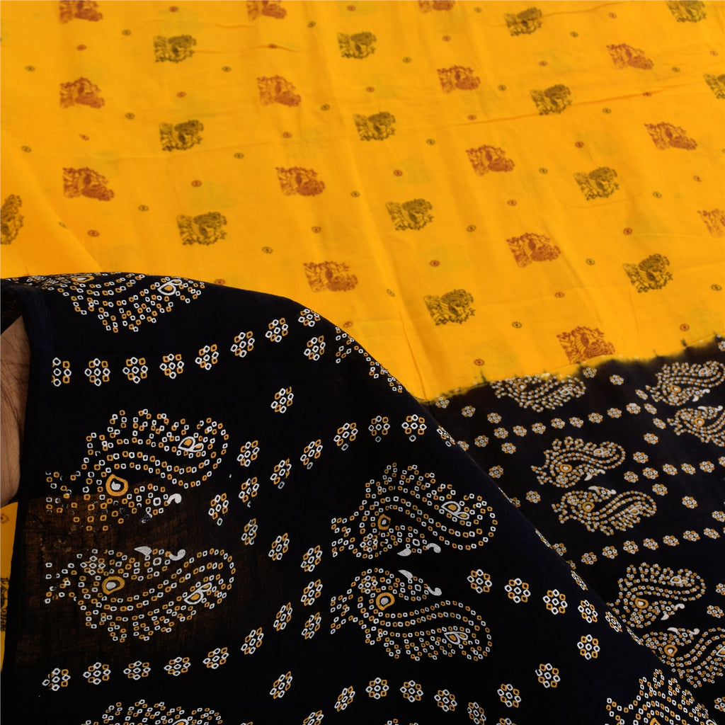 Sanskriti Vintage Sarees Yellow Hand Block Printed Pure Cotton Sari 6+yd Sustainable Fabric