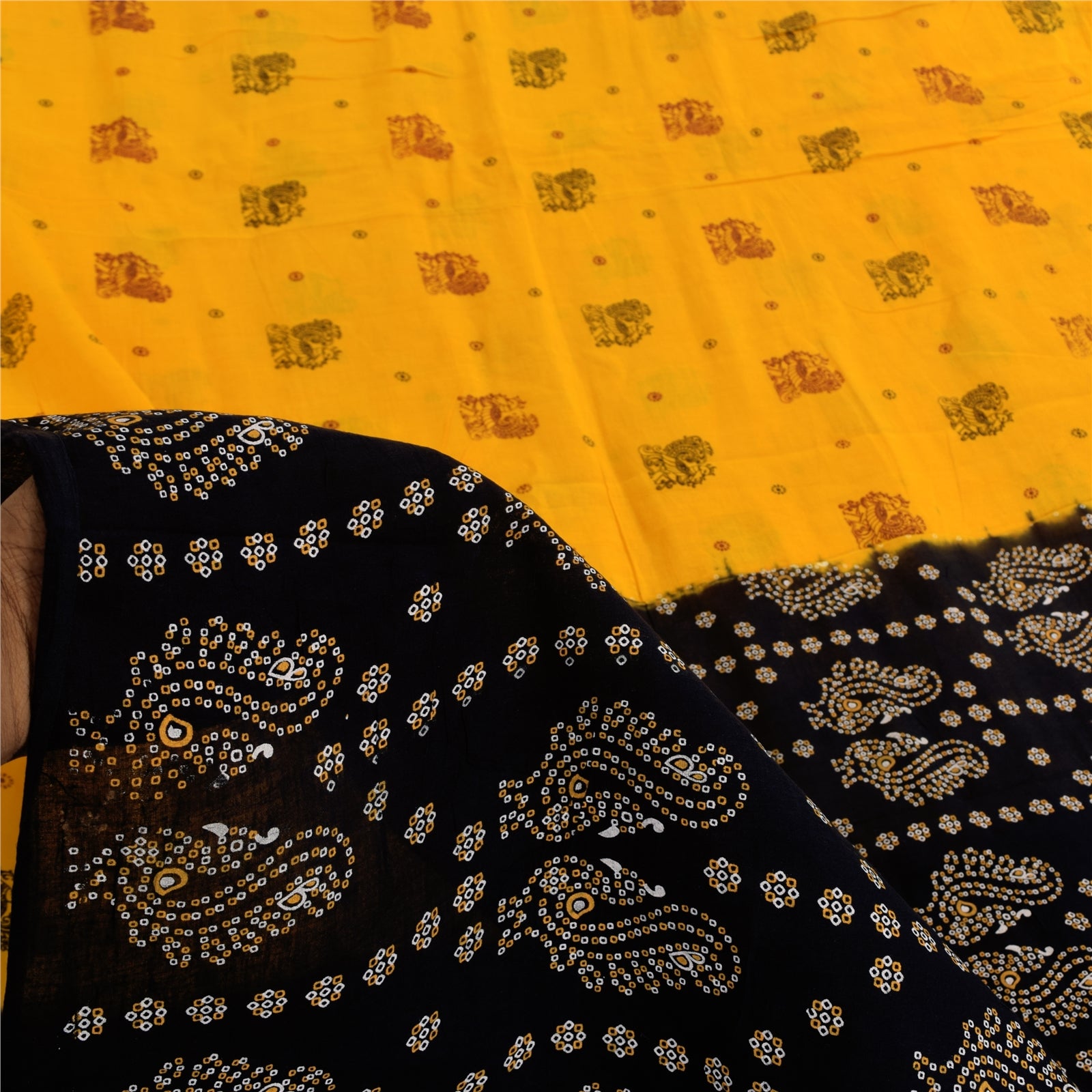 Sanskriti Vintage Sarees Yellow Hand Block Printed Pure Cotton Sari 6+yd Sustainable Fabric