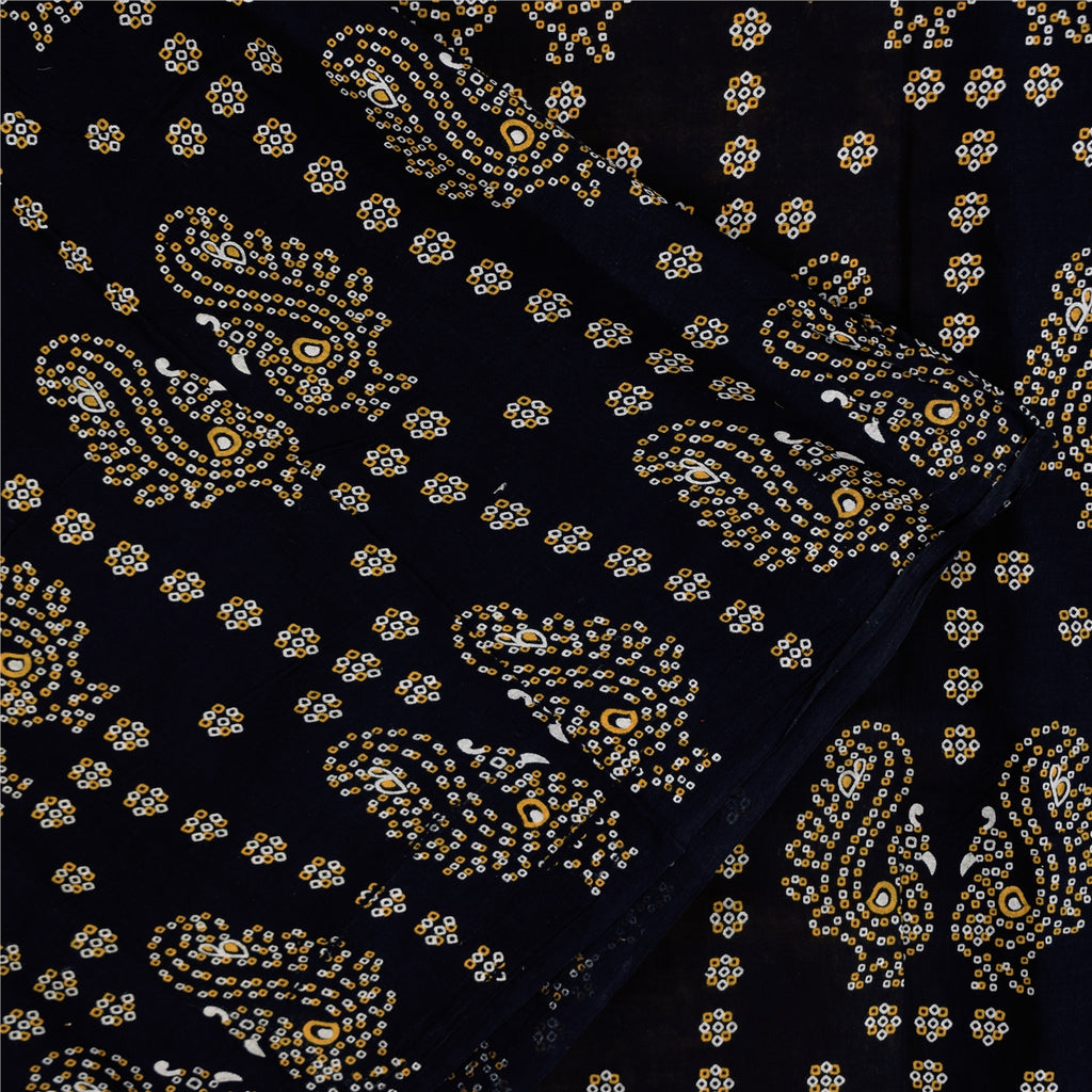 Sanskriti Vintage Sarees Yellow Hand Block Printed Pure Cotton Sari 6+yd Sustainable Fabric