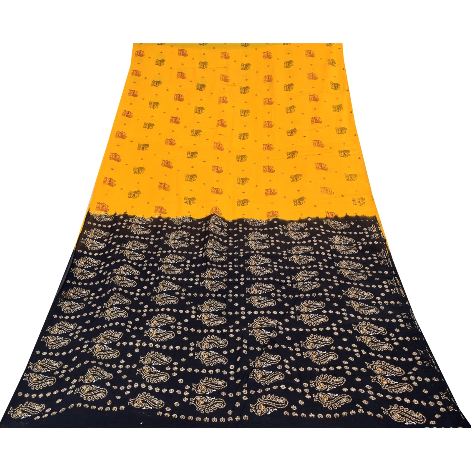 Sanskriti Vintage Sarees Yellow Hand Block Printed Pure Cotton Sari 6+yd Sustainable Fabric