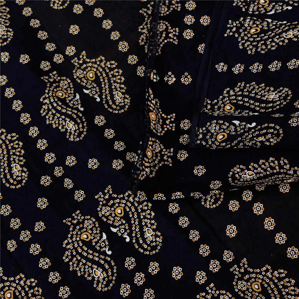 Sanskriti Vintage Sarees Yellow Hand Block Printed Pure Cotton Sari 6+yd Sustainable Fabric