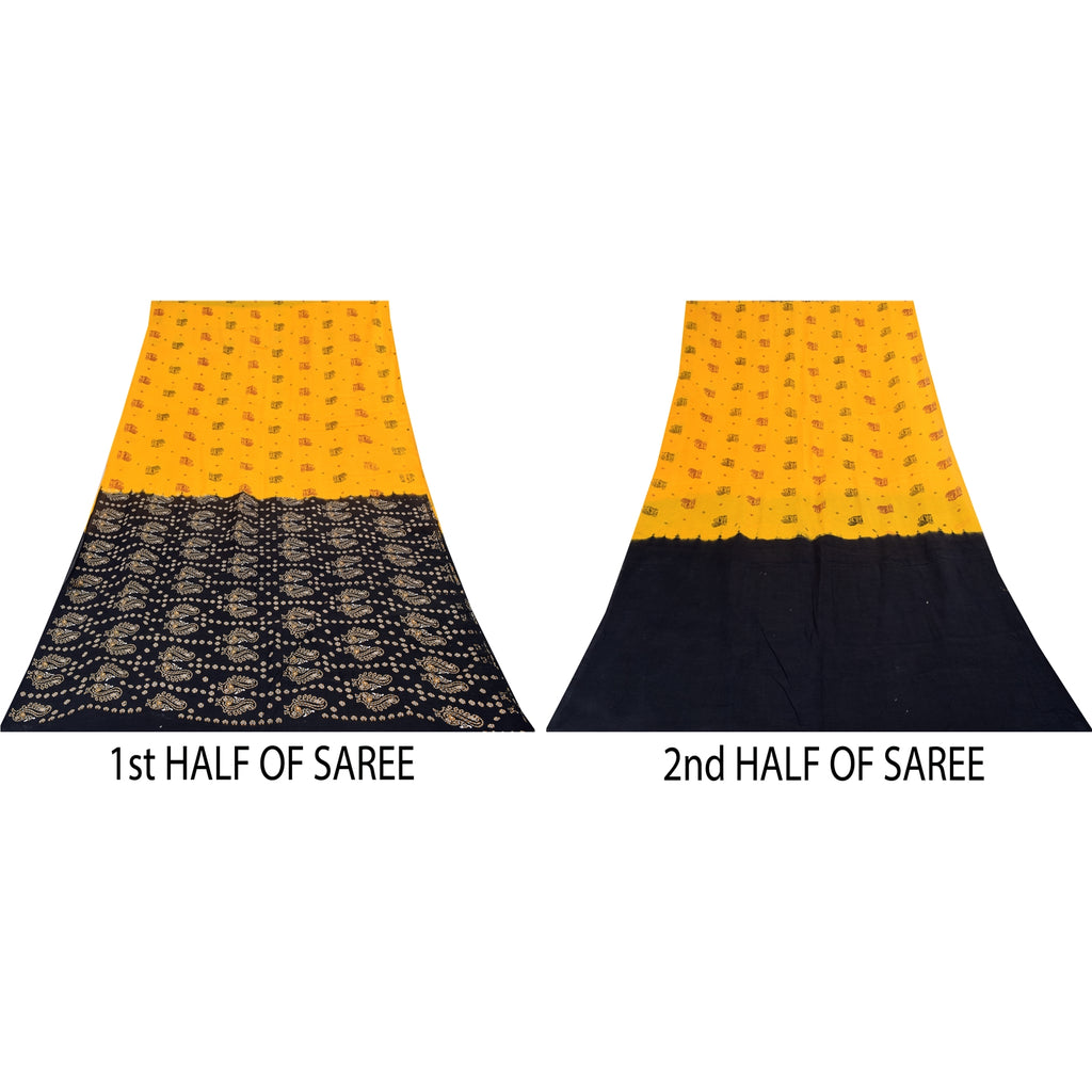 Sanskriti Vintage Sarees Yellow Hand Block Printed Pure Cotton Sari 6+yd Sustainable Fabric