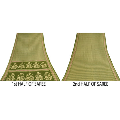 Sanskriti Vintage Sarees Green Indian 100% Pure Cotton Printed Sari 5+yd Sustainable Fabric