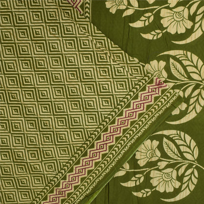 Sanskriti Vintage Sarees Green Indian 100% Pure Cotton Printed Sari 5+yd Sustainable Fabric