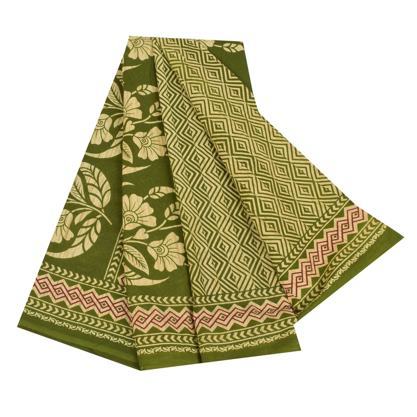 Sanskriti Vintage Sarees Green Indian 100% Pure Cotton Printed Sari 5+yd Sustainable Fabric