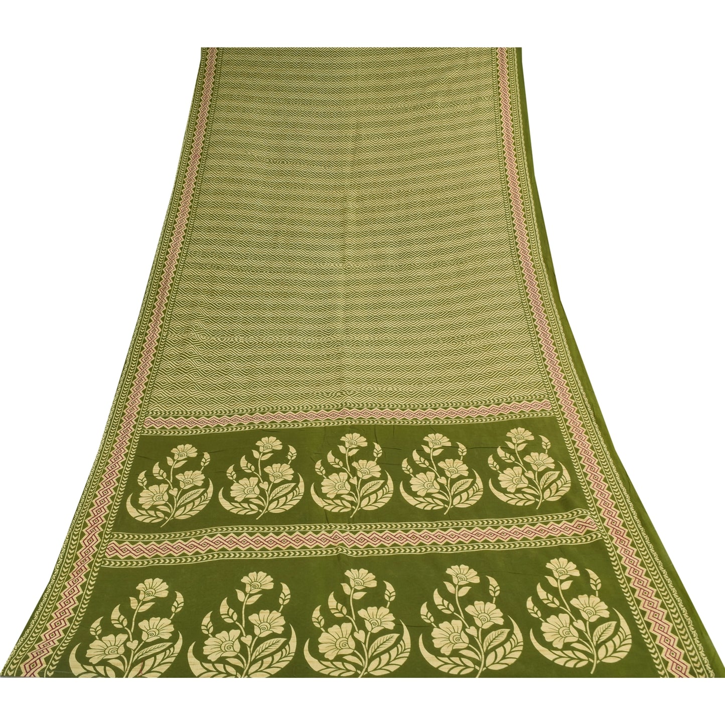 Sanskriti Vintage Sarees Green Indian 100% Pure Cotton Printed Sari 5+yd Sustainable Fabric