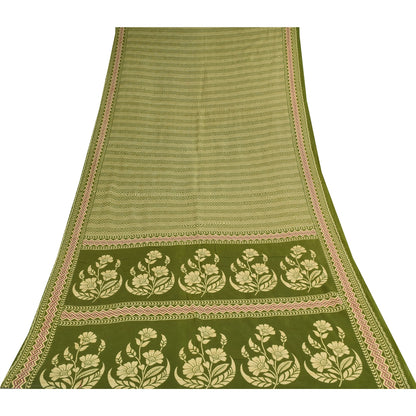 Sanskriti Vintage Sarees Green Indian 100% Pure Cotton Printed Sari 5+yd Sustainable Fabric