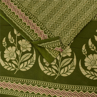 Sanskriti Vintage Sarees Green Indian 100% Pure Cotton Printed Sari 5+yd Sustainable Fabric