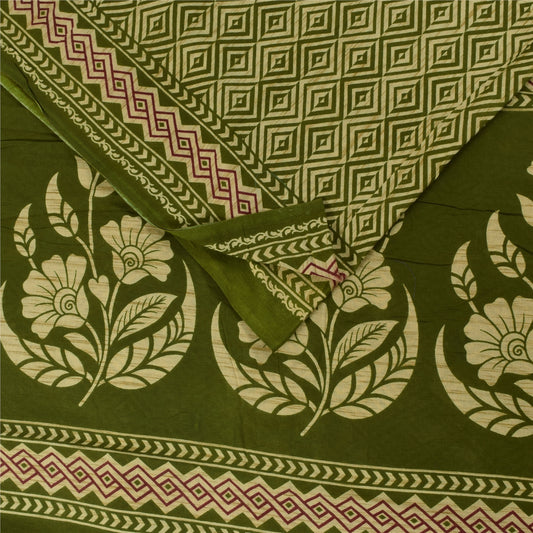 Sanskriti Vintage Sarees Green Indian 100% Pure Cotton Printed Sari 5+yd Sustainable Fabric