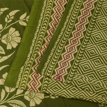 Sanskriti Vintage Sarees Green Indian 100% Pure Cotton Printed Sari 5+yd Sustainable Fabric