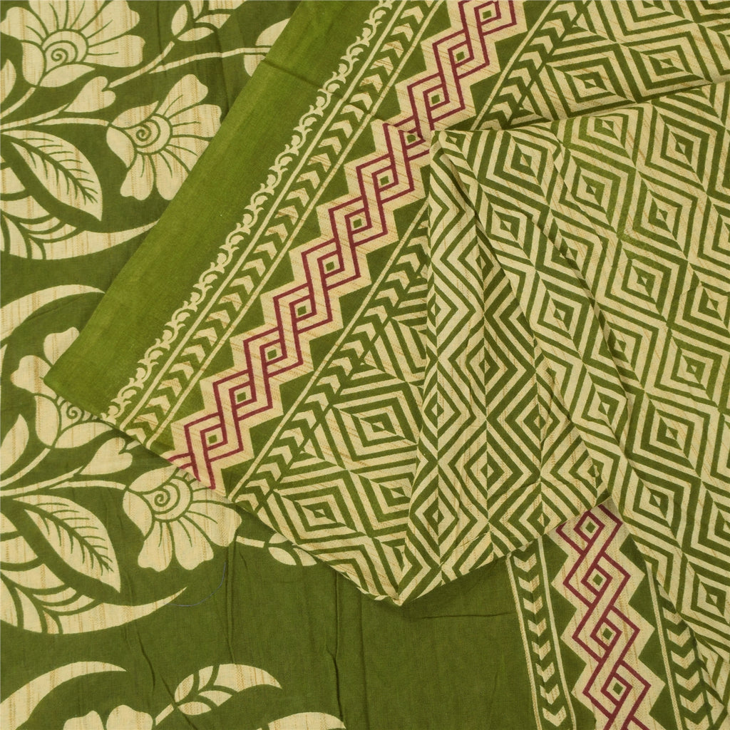 Sanskriti Vintage Sarees Green Indian 100% Pure Cotton Printed Sari 5+yd Sustainable Fabric