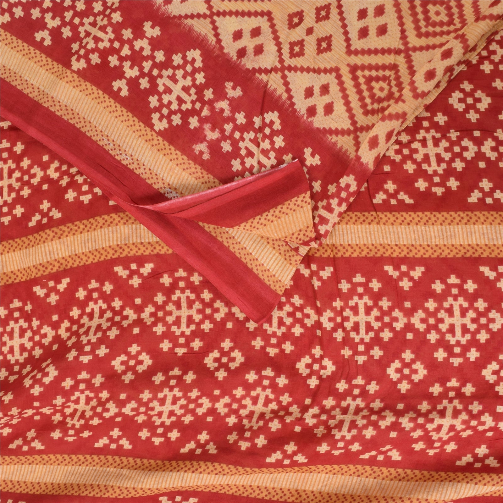 Sanskriti Vintage Sarees Peach/Red Patan Patola Pure Cotton Printed Sari Sustainable Fabric