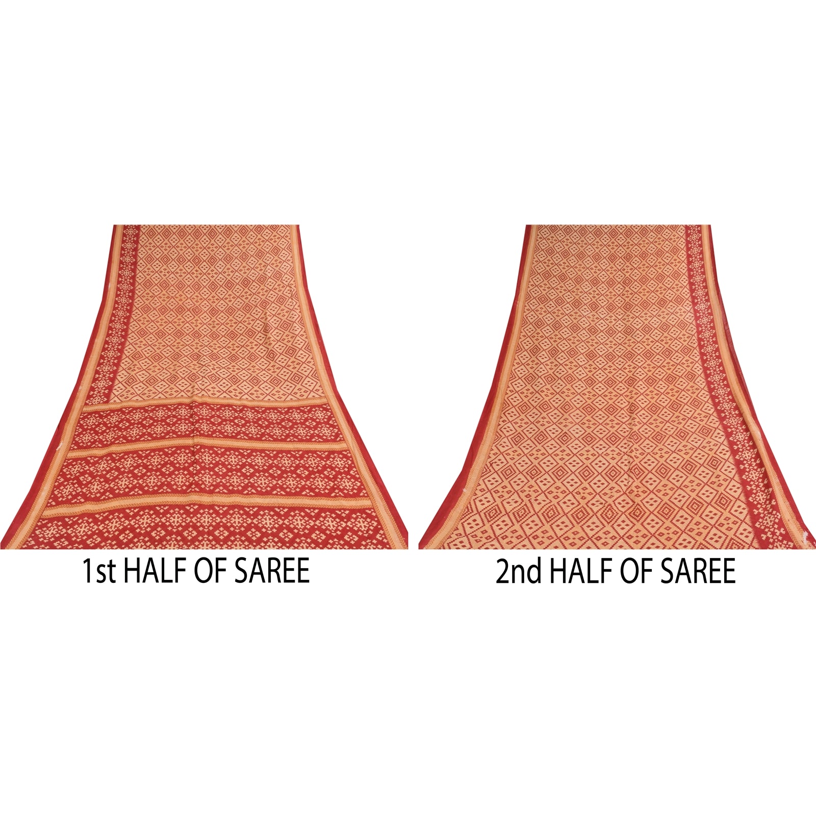 Sanskriti Vintage Sarees Peach/Red Patan Patola Pure Cotton Printed Sari Sustainable Fabric