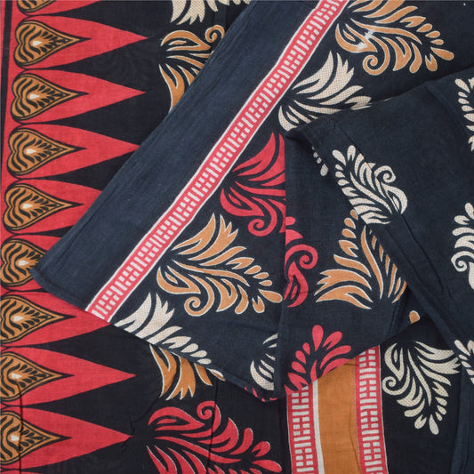 Sanskriti Vintage Sarees Black 100% Pure Cotton Printed Sari 5+yd Craft Sustainable Fabric