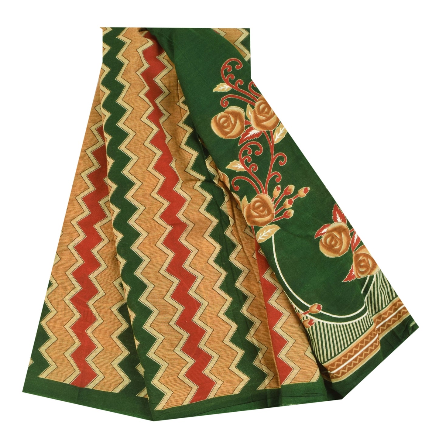 Sanskriti Vintage Sarees Green Indian 100% Pure Cotton Printed Sari 5+yd Sustainable Fabric