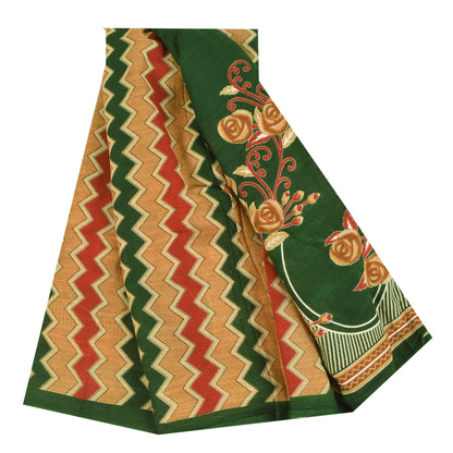 Sanskriti Vintage Sarees Green Indian 100% Pure Cotton Printed Sari 5+yd Sustainable Fabric