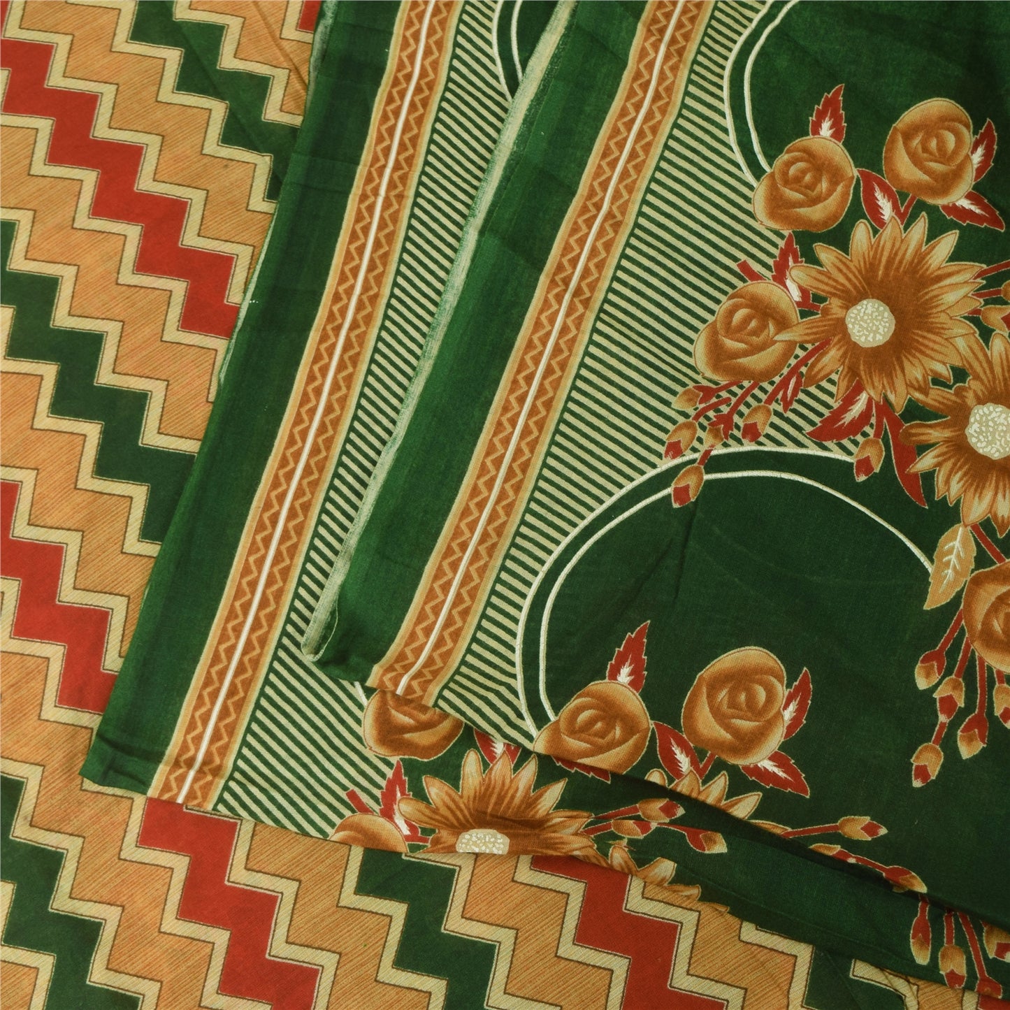 Sanskriti Vintage Sarees Green Indian 100% Pure Cotton Printed Sari 5+yd Sustainable Fabric