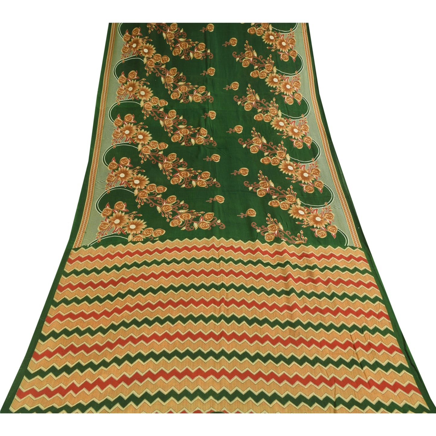 Sanskriti Vintage Sarees Green Indian 100% Pure Cotton Printed Sari 5+yd Sustainable Fabric