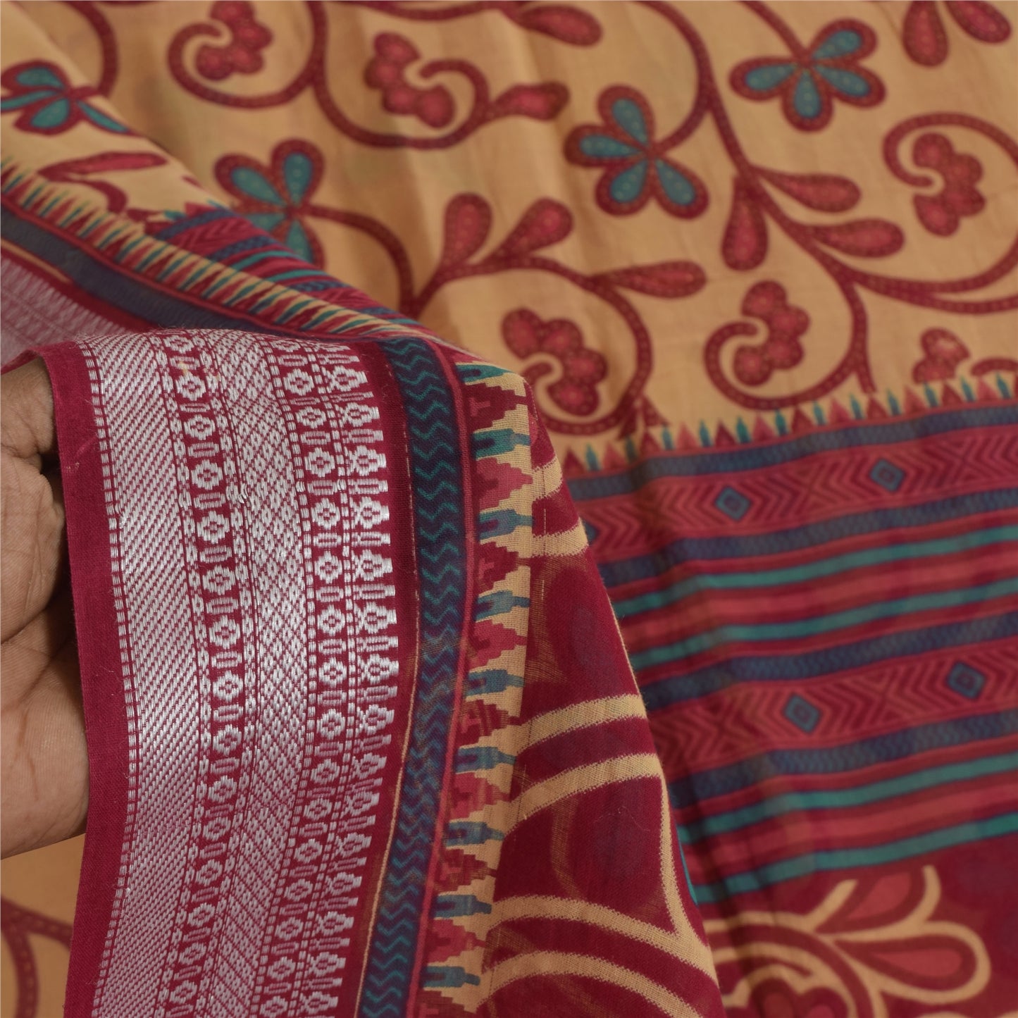 Sanskriti Vintage Sarees Peach/Red Pure Cotton Printed Sari 5+yd Craft Sustainable Fabric