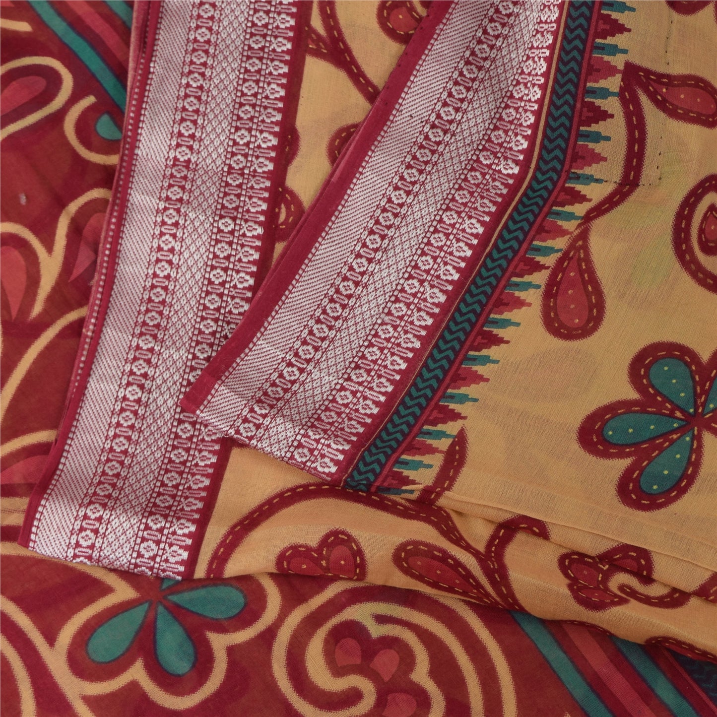 Sanskriti Vintage Sarees Peach/Red Pure Cotton Printed Sari 5+yd Craft Sustainable Fabric
