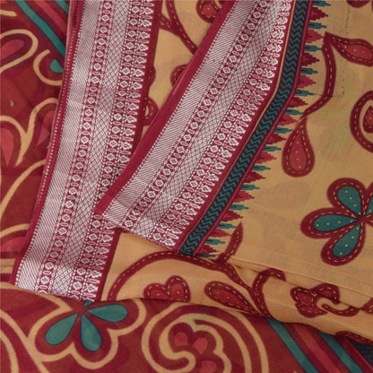 Sanskriti Vintage Sarees Peach/Red Pure Cotton Printed Sari 5+yd Craft Sustainable Fabric