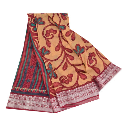 Sanskriti Vintage Sarees Peach/Red Pure Cotton Printed Sari 5+yd Craft Sustainable Fabric