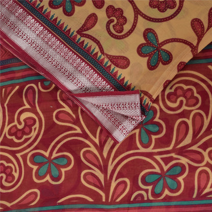 Sanskriti Vintage Sarees Peach/Red Pure Cotton Printed Sari 5+yd Craft Sustainable Fabric