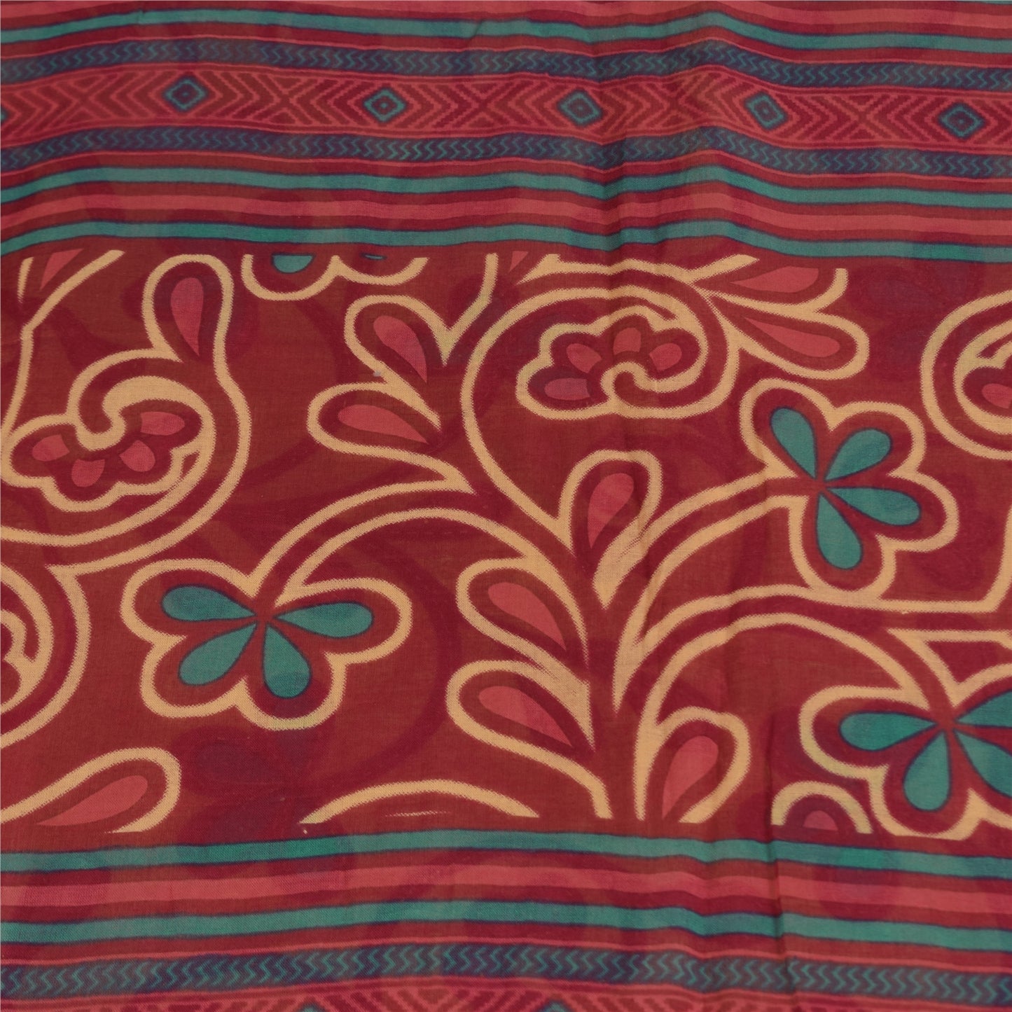 Sanskriti Vintage Sarees Peach/Red Pure Cotton Printed Sari 5+yd Craft Sustainable Fabric