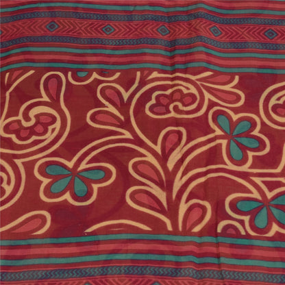 Sanskriti Vintage Sarees Peach/Red Pure Cotton Printed Sari 5+yd Craft Sustainable Fabric