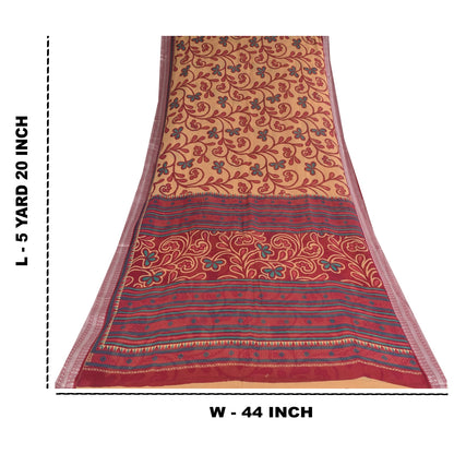 Sanskriti Vintage Sarees Peach/Red Pure Cotton Printed Sari 5+yd Craft Sustainable Fabric