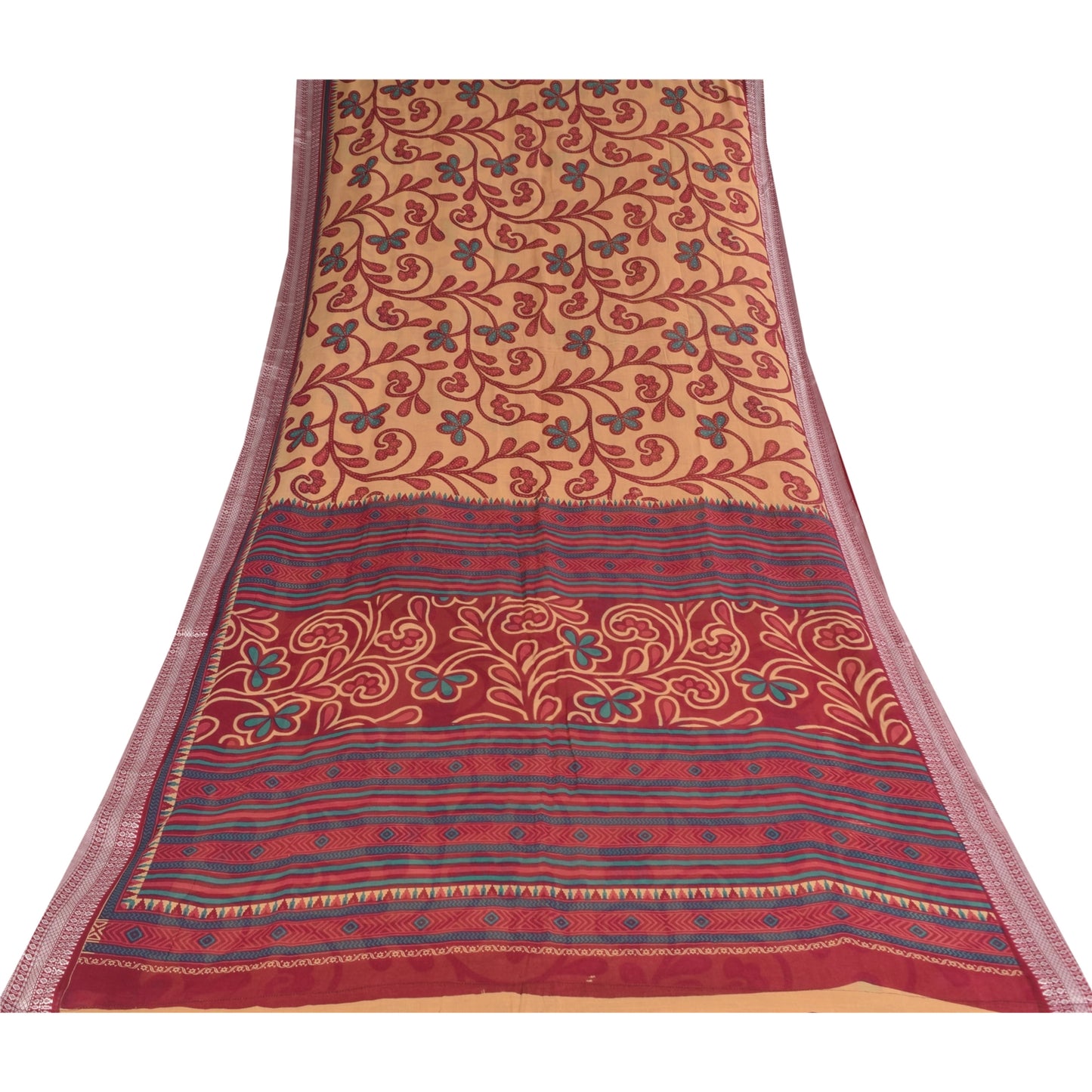 Sanskriti Vintage Sarees Peach/Red Pure Cotton Printed Sari 5+yd Craft Sustainable Fabric