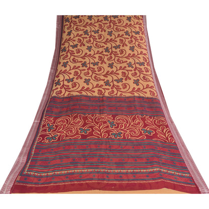 Sanskriti Vintage Sarees Peach/Red Pure Cotton Printed Sari 5+yd Craft Sustainable Fabric