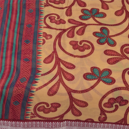 Sanskriti Vintage Sarees Peach/Red Pure Cotton Printed Sari 5+yd Craft Sustainable Fabric