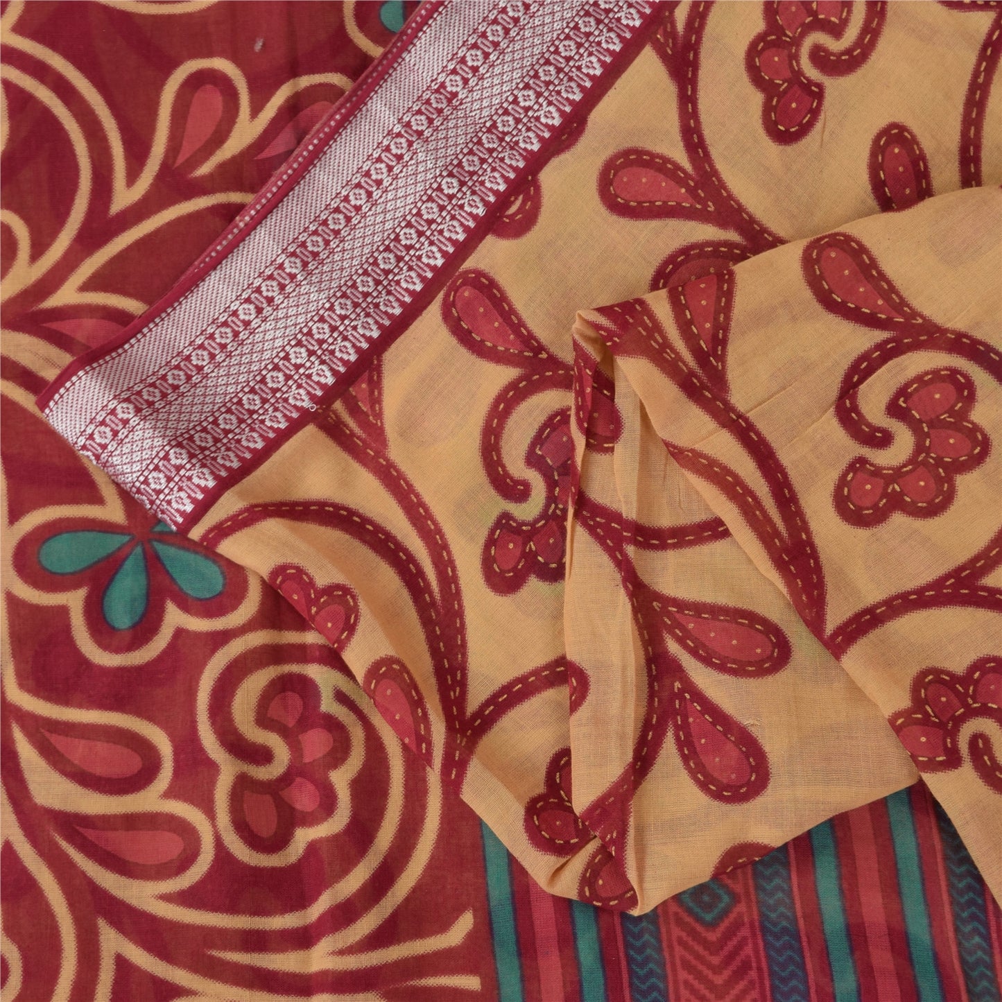 Sanskriti Vintage Sarees Peach/Red Pure Cotton Printed Sari 5+yd Craft Sustainable Fabric