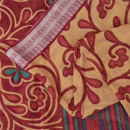 Sanskriti Vintage Sarees Peach/Red Pure Cotton Printed Sari 5+yd Craft Sustainable Fabric