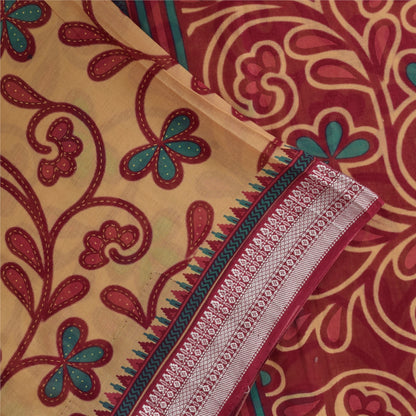 Sanskriti Vintage Sarees Peach/Red Pure Cotton Printed Sari 5+yd Craft Sustainable Fabric