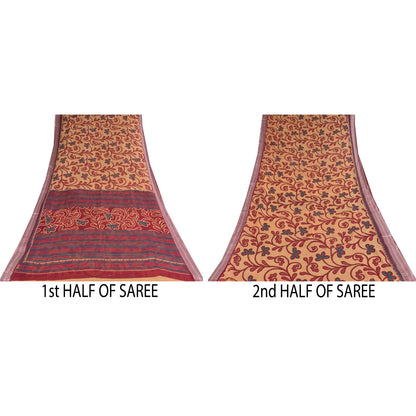 Sanskriti Vintage Sarees Peach/Red Pure Cotton Printed Sari 5+yd Craft Sustainable Fabric
