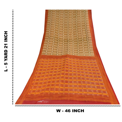 Sanskriti Vintage Sarees Beige 100% Pure Cotton Printed Sari 5+yd Craft Sustainable Fabric