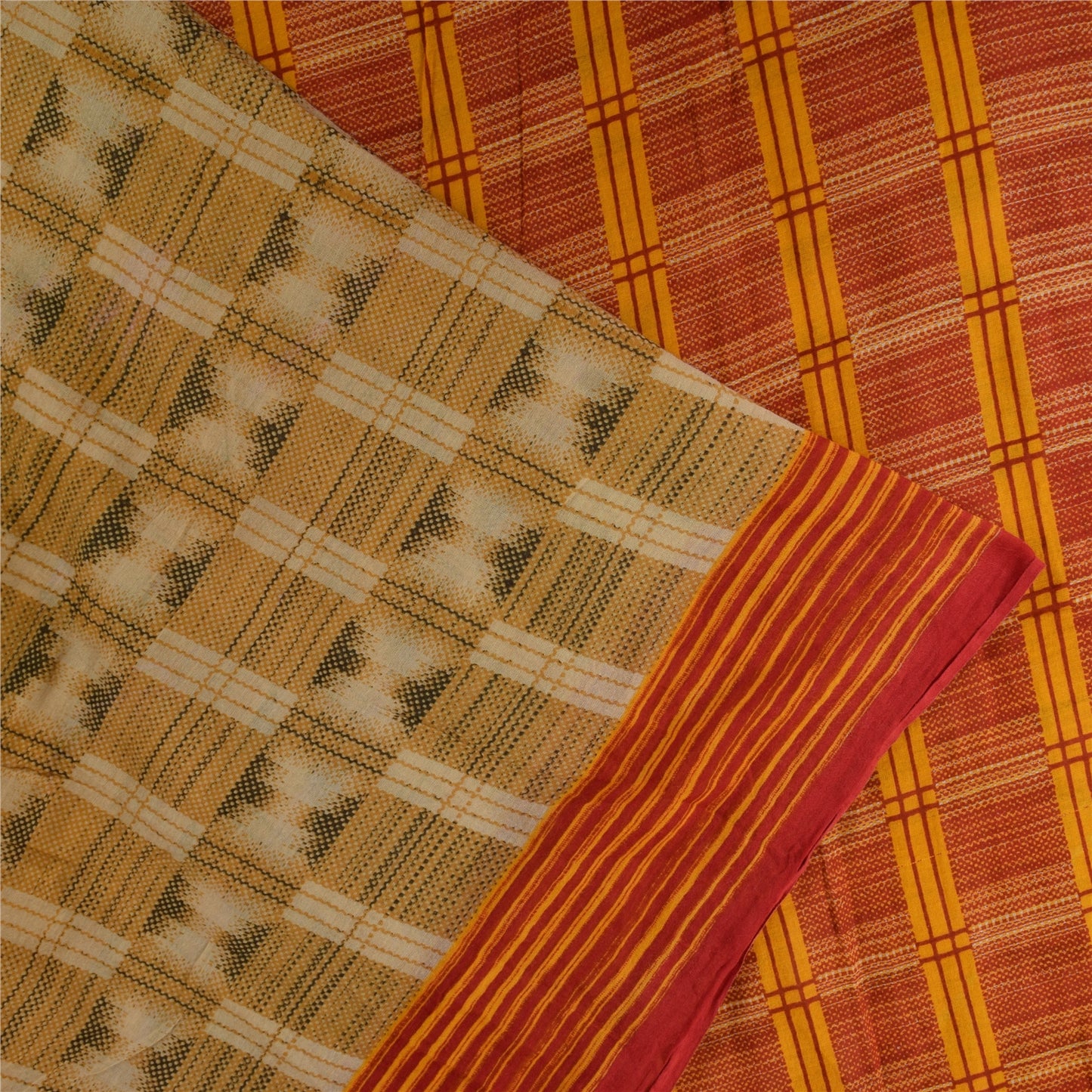 Sanskriti Vintage Sarees Beige 100% Pure Cotton Printed Sari 5+yd Craft Sustainable Fabric