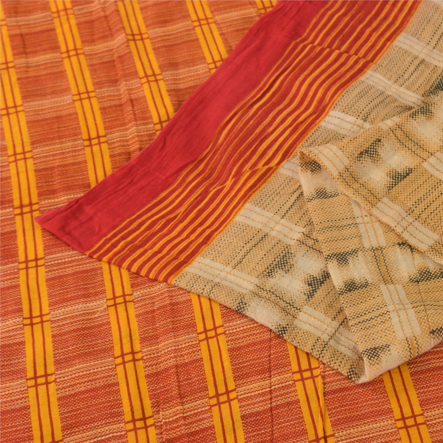 Sanskriti Vintage Sarees Beige 100% Pure Cotton Printed Sari 5+yd Craft Sustainable Fabric