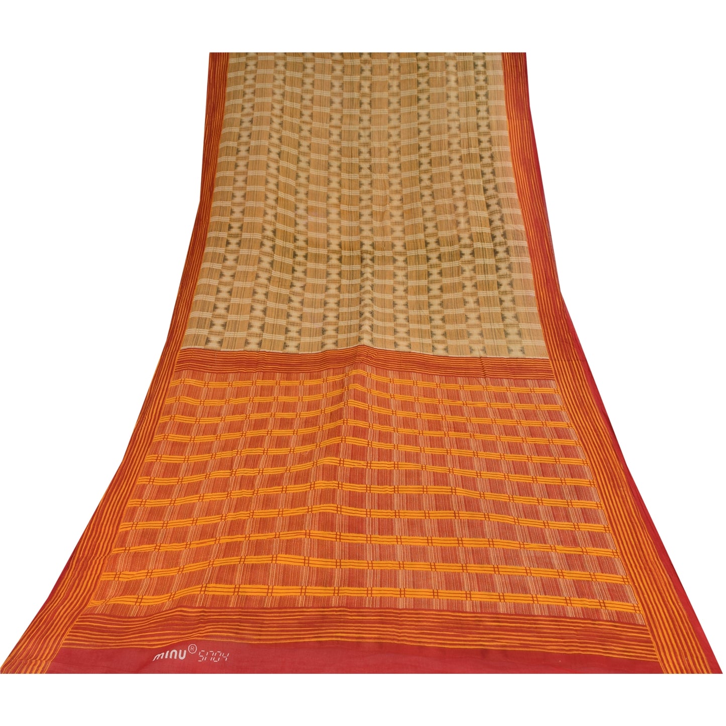 Sanskriti Vintage Sarees Beige 100% Pure Cotton Printed Sari 5+yd Craft Sustainable Fabric