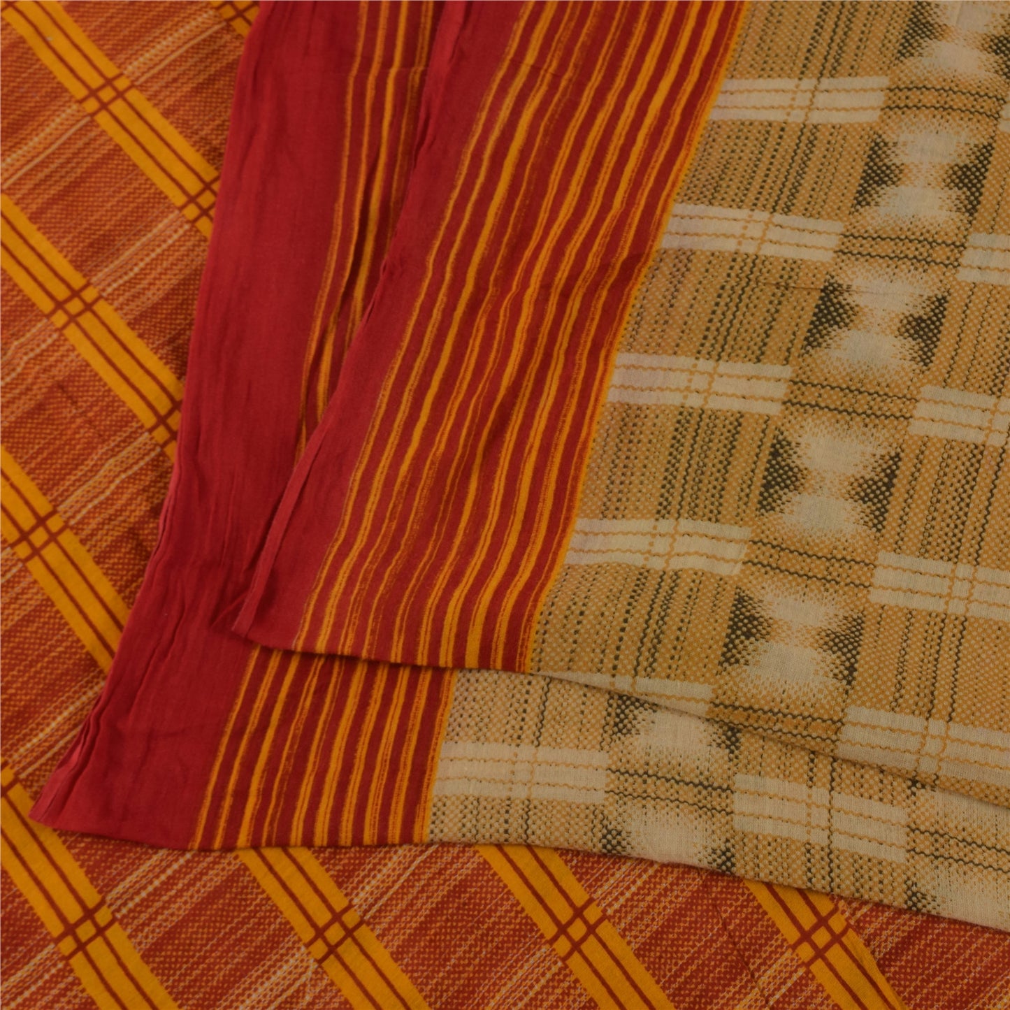 Sanskriti Vintage Sarees Beige 100% Pure Cotton Printed Sari 5+yd Craft Sustainable Fabric