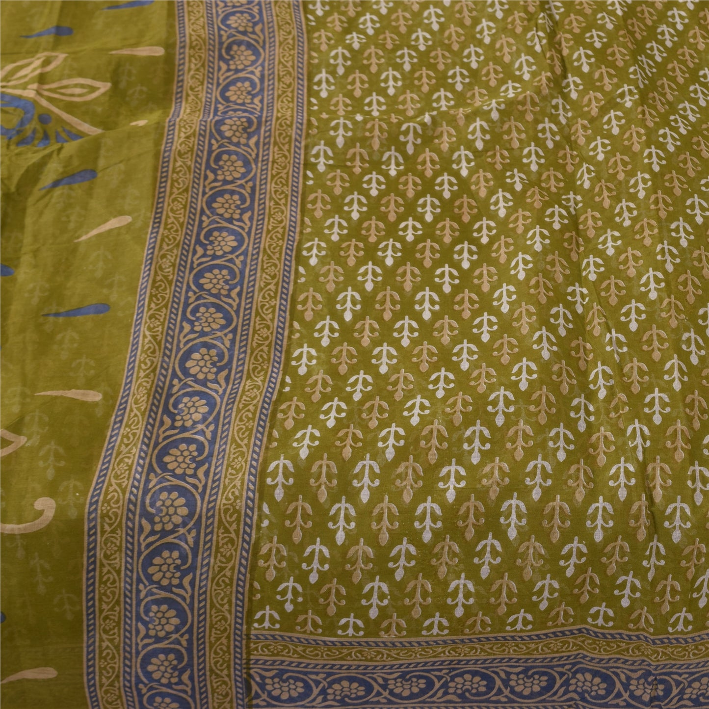 Sanskriti Vintage Sarees Green Pure Cotton Block Printed Sari 5+yd Craft Sustainable Fabric