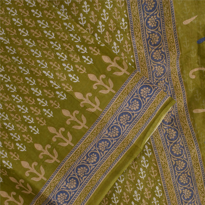 Sanskriti Vintage Sarees Green Pure Cotton Block Printed Sari 5+yd Craft Sustainable Fabric