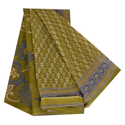 Sanskriti Vintage Sarees Green Pure Cotton Block Printed Sari 5+yd Craft Sustainable Fabric