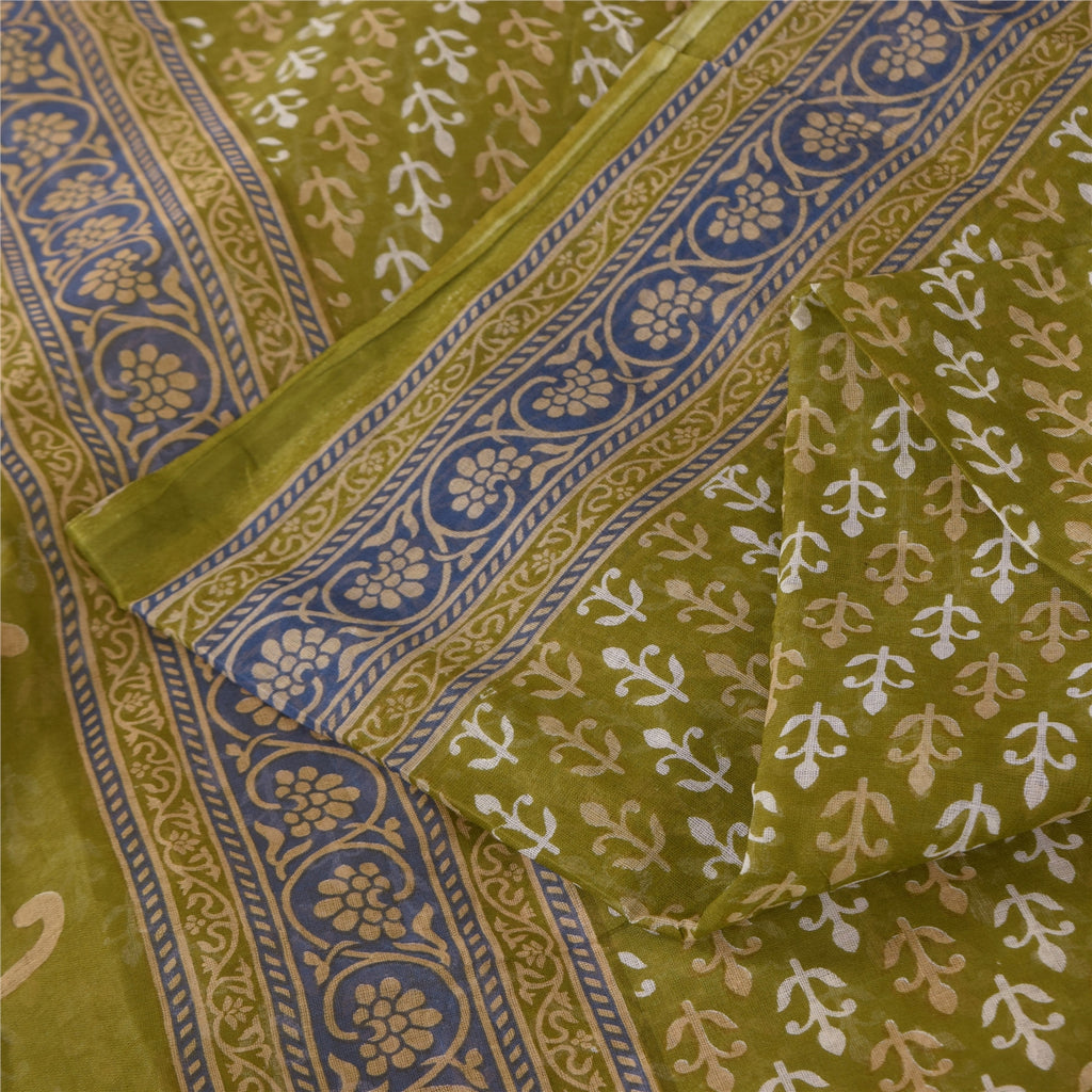 Sanskriti Vintage Sarees Green Pure Cotton Block Printed Sari 5+yd Craft Sustainable Fabric