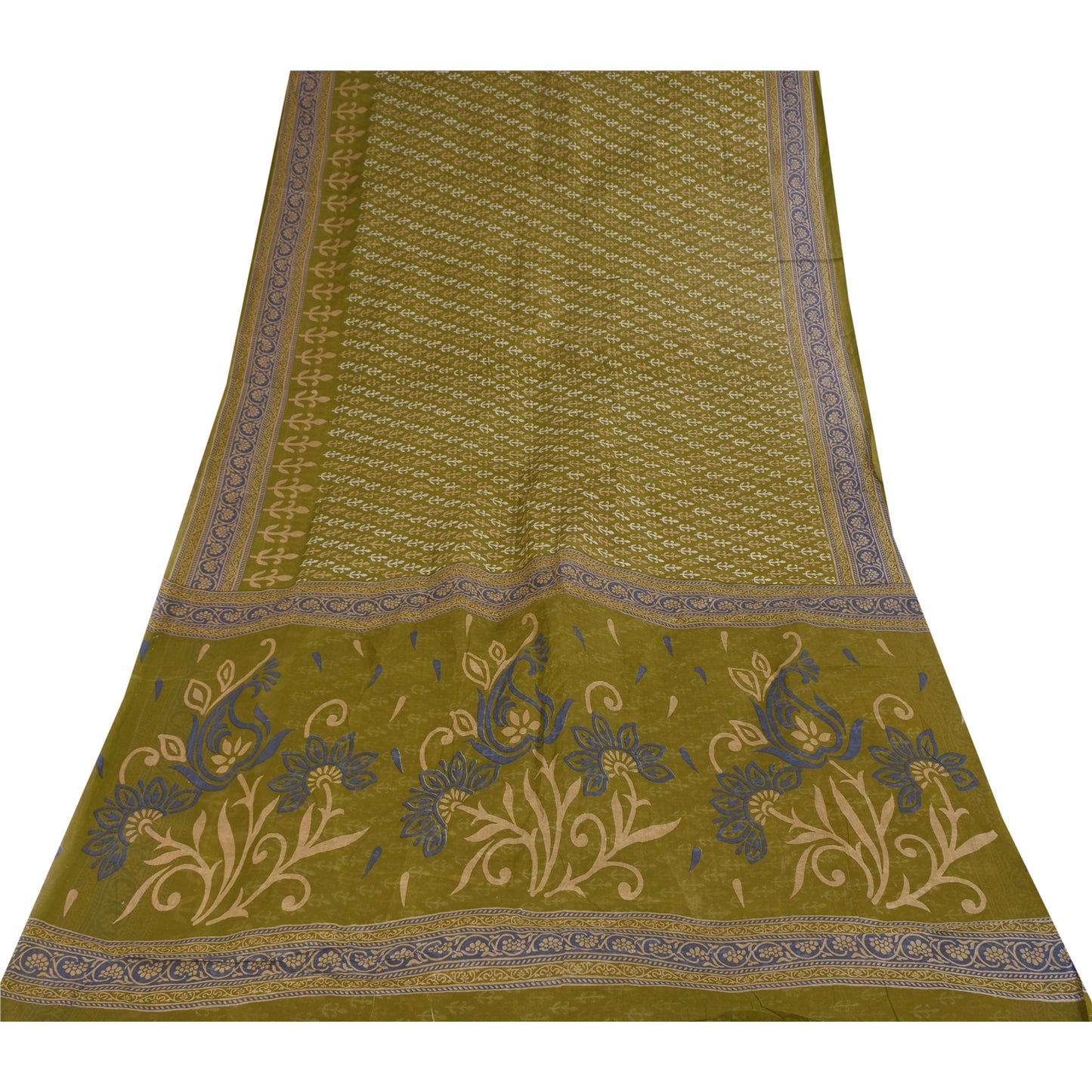 Sanskriti Vintage Sarees Green Pure Cotton Block Printed Sari 5+yd Craft Sustainable Fabric