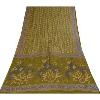 Sanskriti Vintage Sarees Green Pure Cotton Block Printed Sari 5+yd Craft Sustainable Fabric