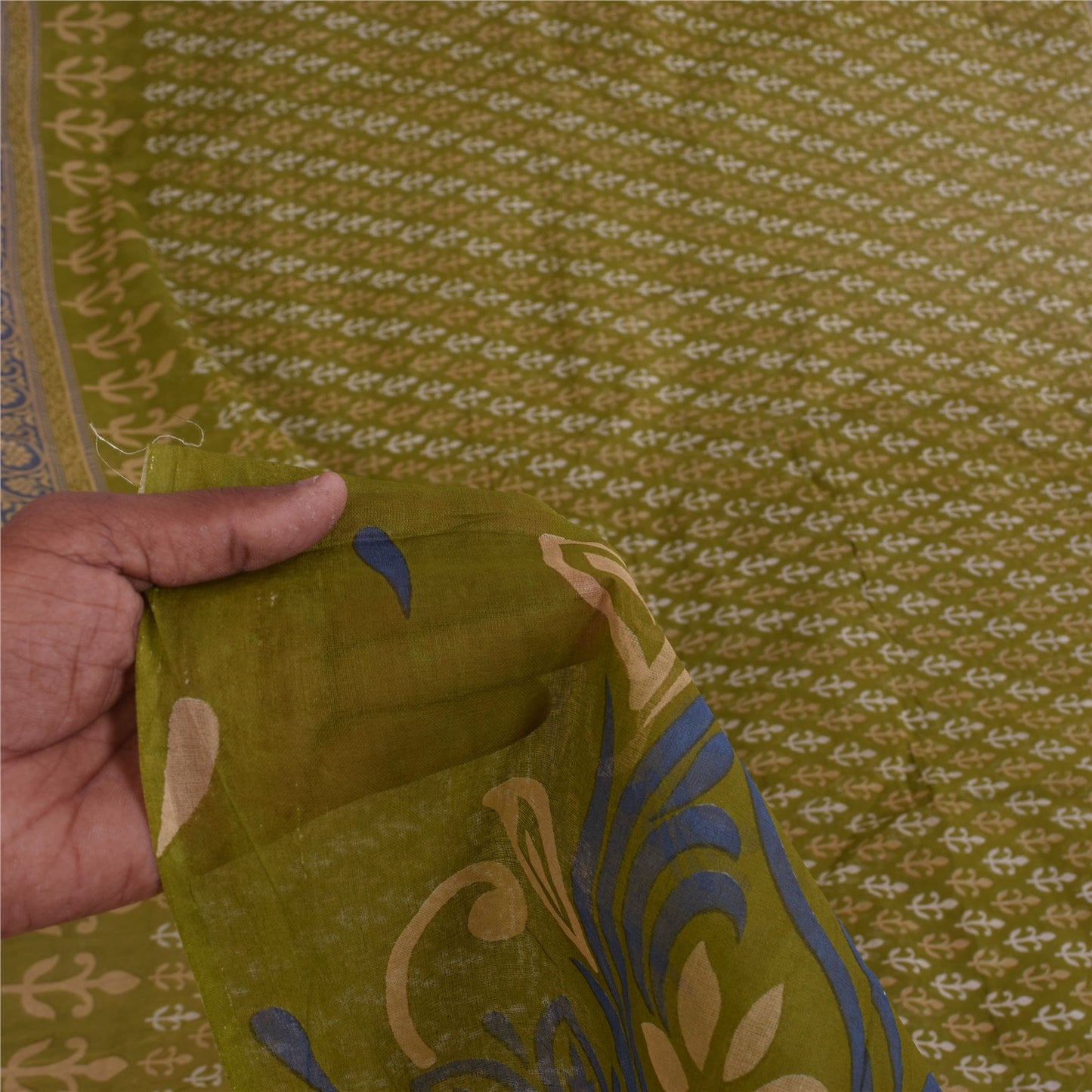 Sanskriti Vintage Sarees Green Pure Cotton Block Printed Sari 5+yd Craft Sustainable Fabric